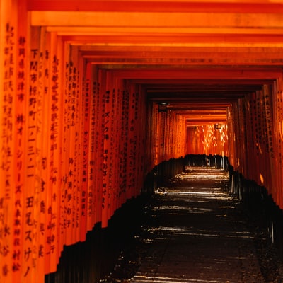Orange and black tunnel with light
